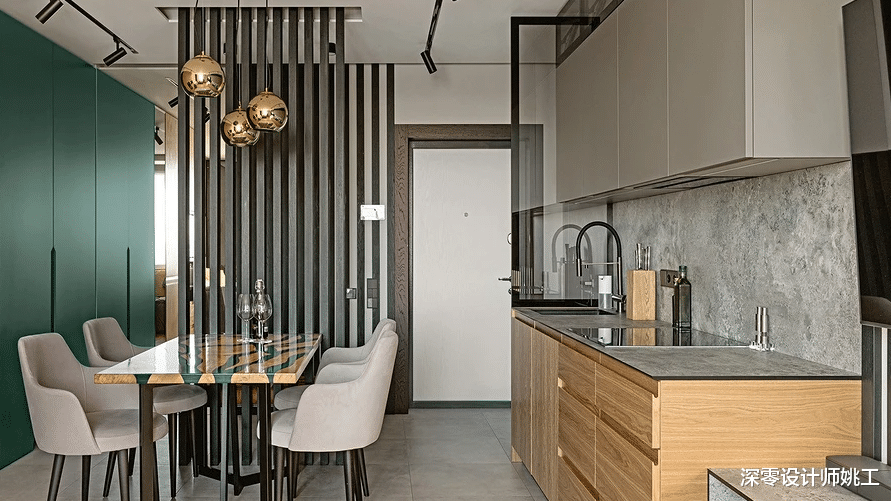 深色调点缀60㎡小资空间, 玄关搭配木格栅, 演绎沉稳质感之美