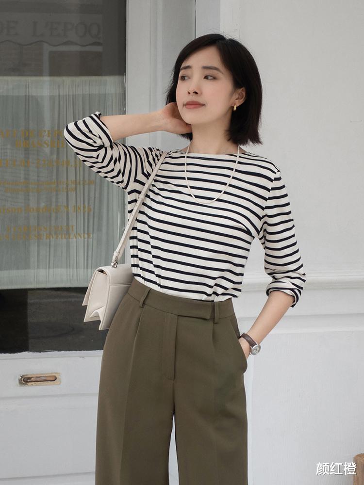 颜红橙|“条纹衫”的高级穿法是这样的,搭配阔腿裤干练利落,洒脱帅气