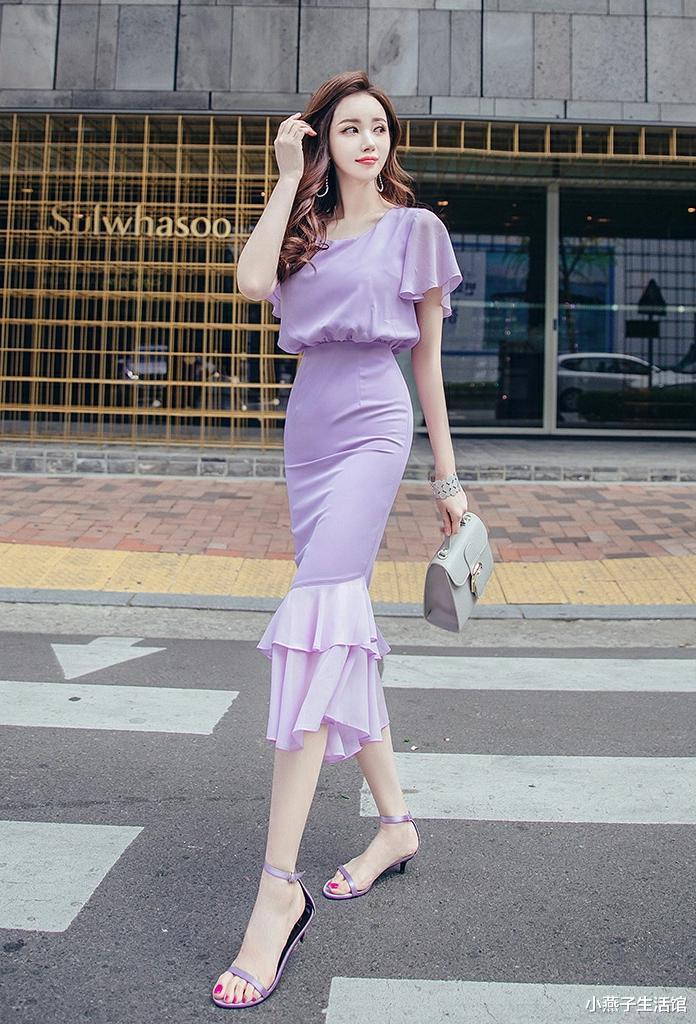 小燕子生活馆 修身过膝雪纺气质裙，大裙摆女神范十足
