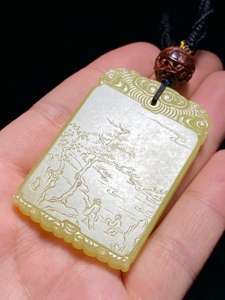 道光|清道光 和田玉籽料 黄玉 携琴访友 宏晋款 玉牌