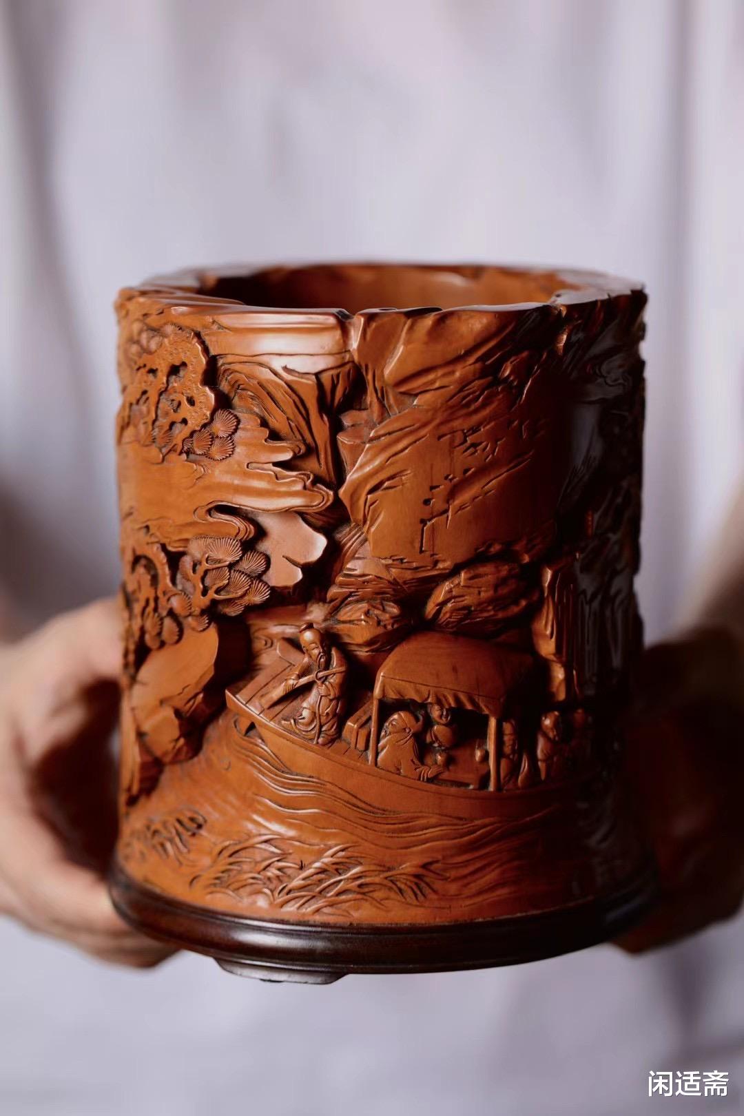 雕刻|文房藏珍,老黄杨大料,雕刻夜游赤壁图,笔筒