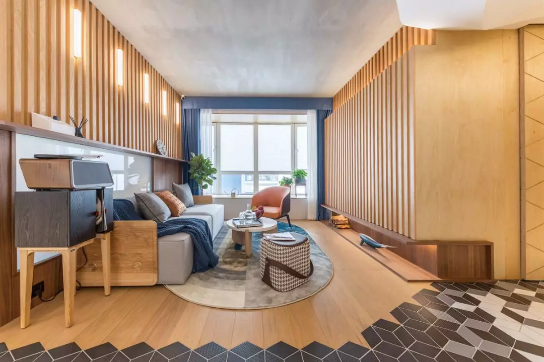 背景墙|64平二居室简约风，几何六边砖搭配温馨木质，漂亮！