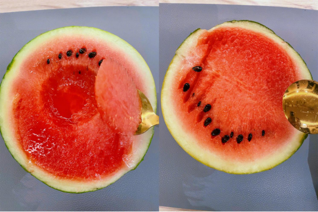 张馨予|张馨予晒自家院子16个西瓜，个大皮薄汁多，用金勺挖着吃太满足