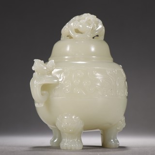 和田玉籽料|清 和田玉籽料双凤耳兽面三足带盖香炉