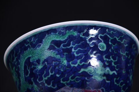 官窑|清.官窑青花绿釉龙纹小碗一对