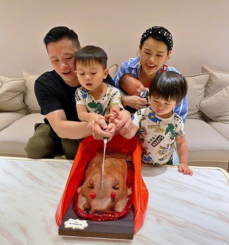 胡杏儿|胡杏儿俩儿子陪爷爷散步，兄弟俩牵手下台阶，和爸爸穿亲子装超萌