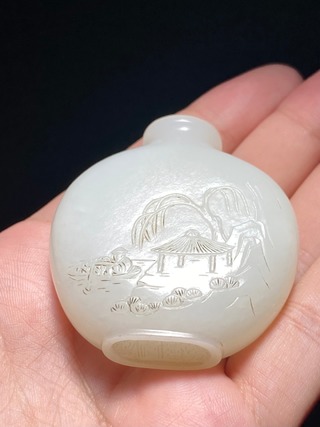 乾隆|清乾隆 和田玉籽料 脂白玉 寒江独钓 诗文 鼻烟壶 把件