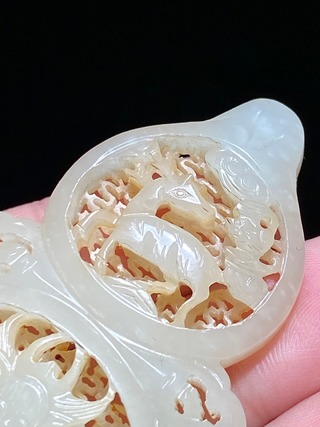 元青花|明 和田玉籽料 白玉 透雕葫芦形福禄龙纹牌 挂件把件