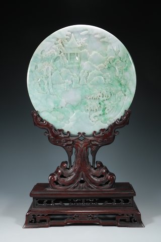 翡翠手镯|清，翡翠手镯，满绿飘紫，满刻祥云图案