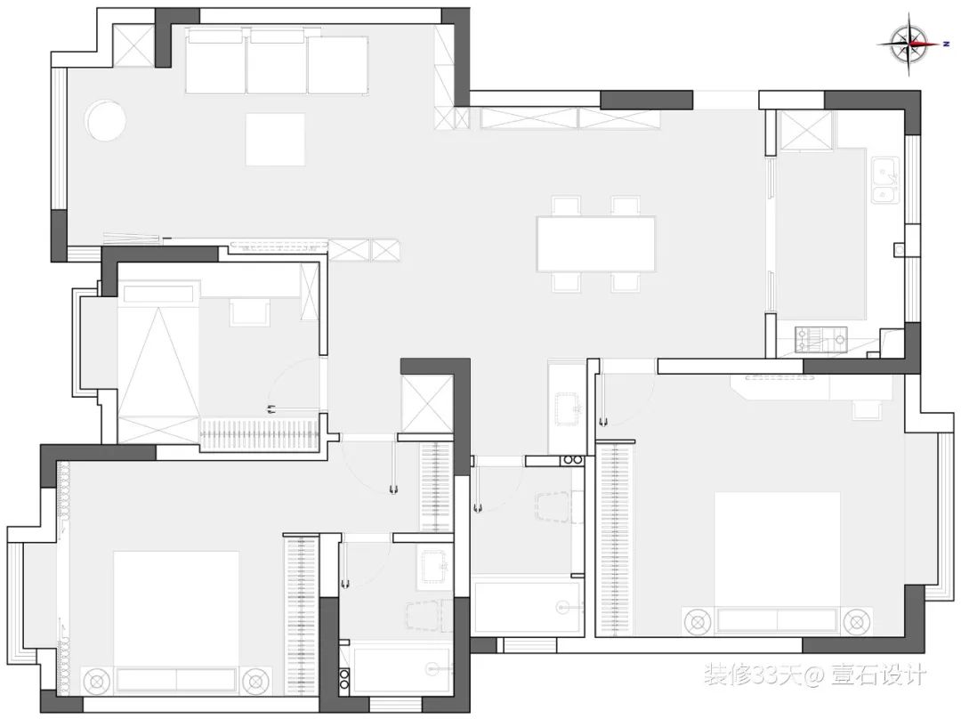 装修设计：129平现代简约素色调三室两卫