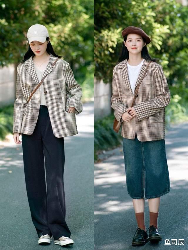 鱼司辰|秋季，建议多尝试韩系风，格子西服搭配直筒裤，简约大方不做作