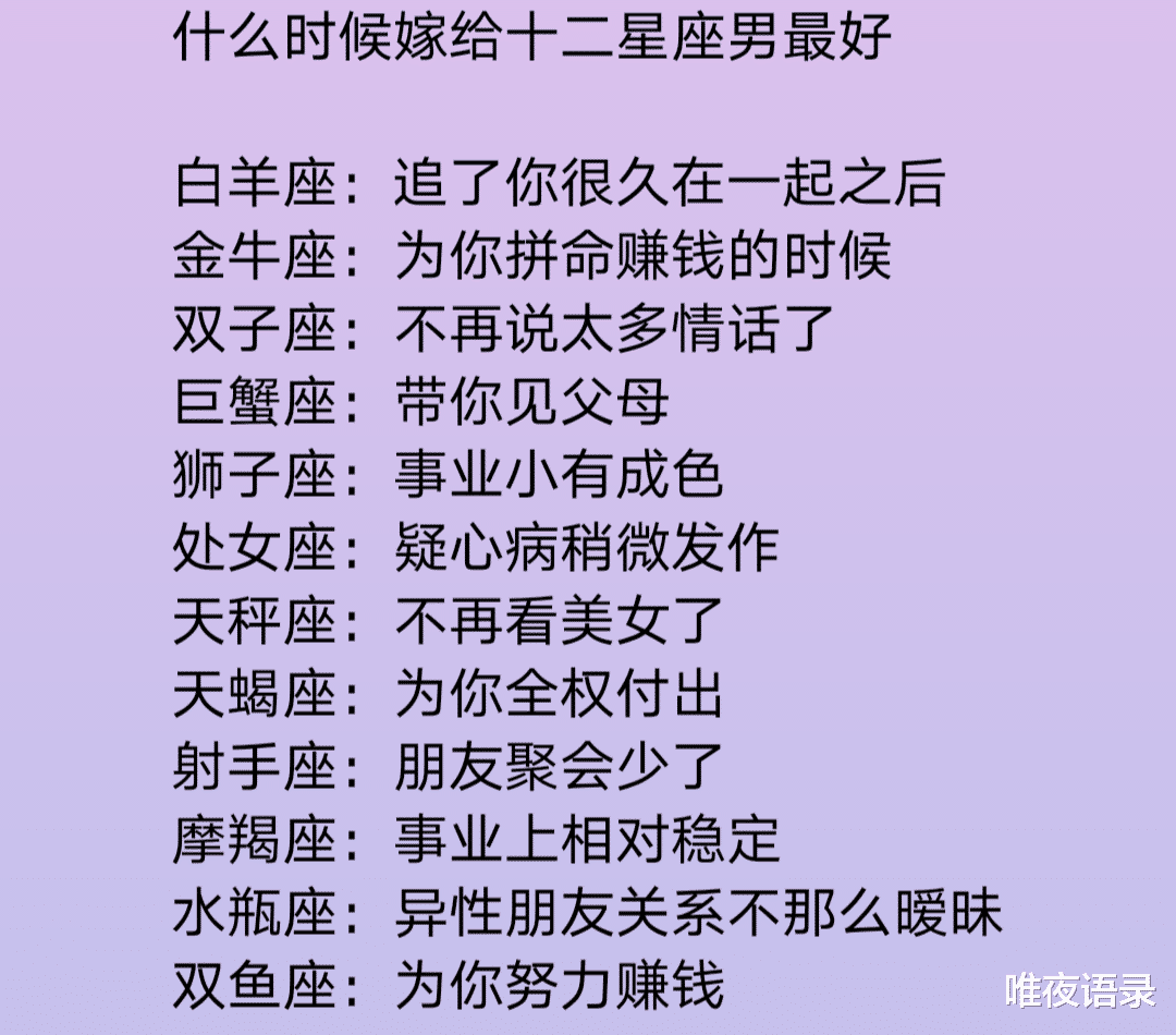 唯夜语录|什么时候嫁给十二星座男最好，十二星座什么时候才会选择去喝酒？十二星座喝醉后是否会联系前任