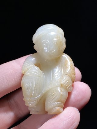 和田玉籽料|明 和田玉籽料 白玉 骑马童子 把件挂件