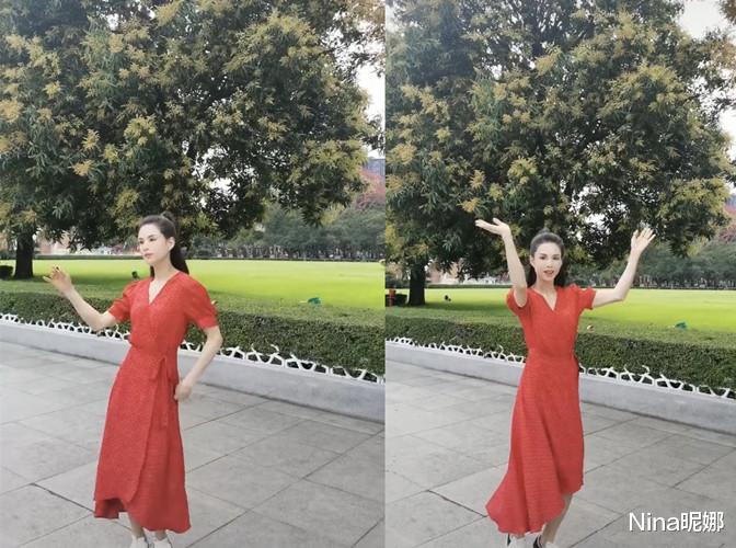 穿衣搭配|55岁李若彤单身生活好惬意，穿红色连衣裙小区里跳女团舞，扎马尾美回小龙女