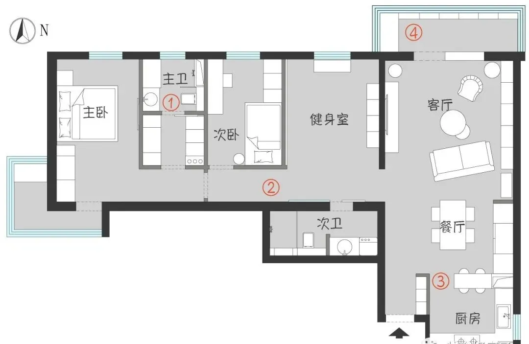 107㎡北欧风三居室，客餐厨一体，还有开阔健身室，带娃健身两不误！
