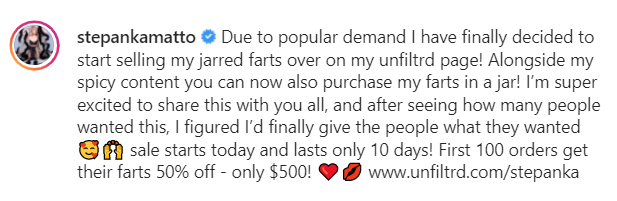 stephanie|女星靠卖自己屁狂赚近5万美元，网友目瞪口呆：500美刀一罐屁？！