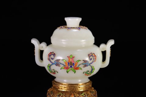 |和田玉双耳香炉、银鎏金花丝镶嵌