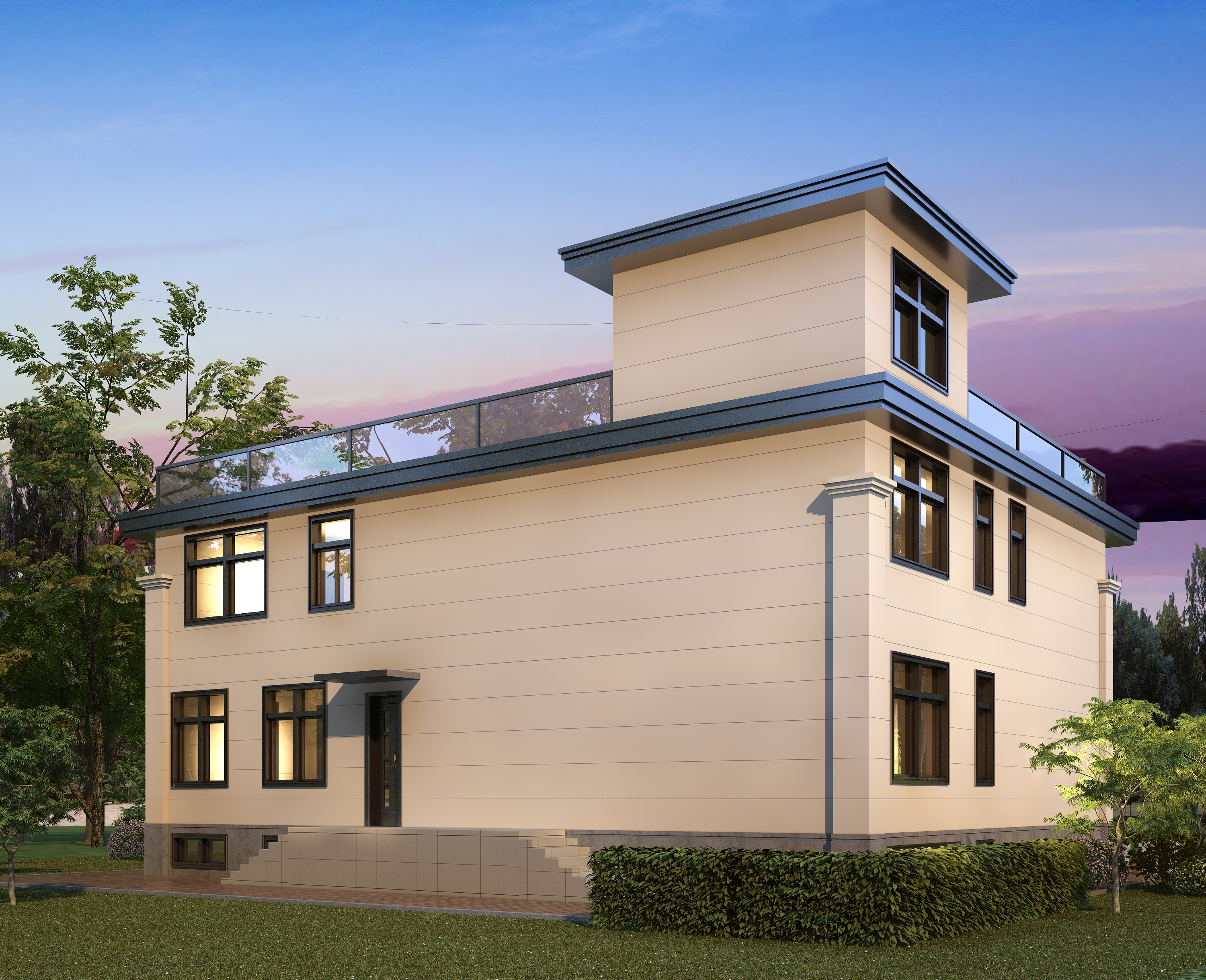 |二层住宅带电梯与地下室，斜坡道进车库