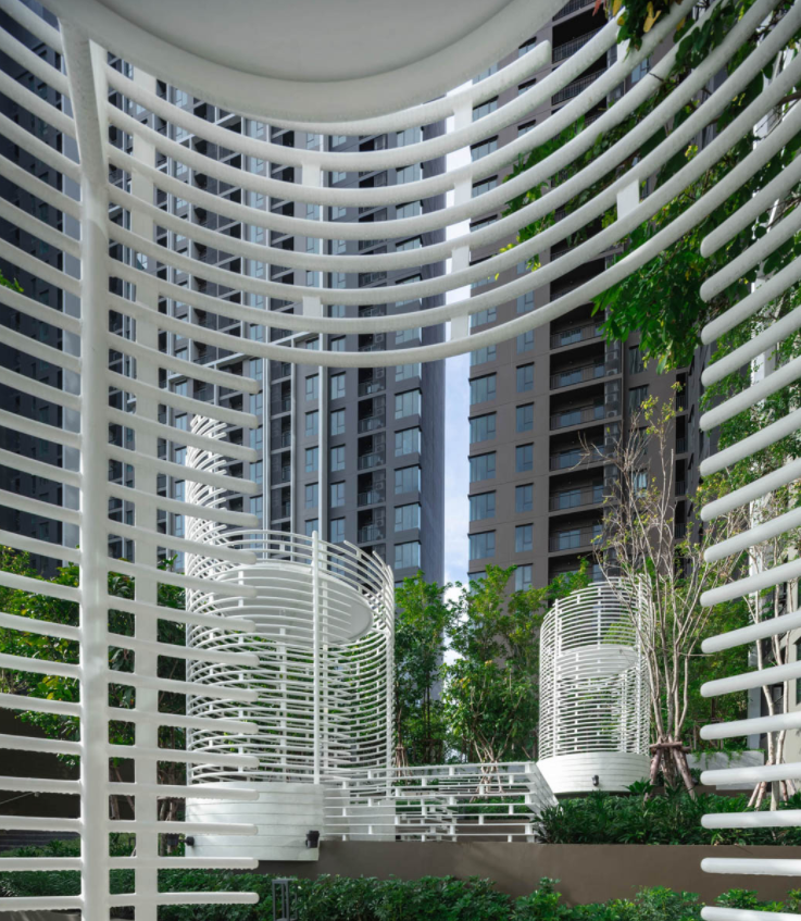 游泳池|曼谷三层住宅景观,之字形和三角形,雨滴灵感,简易廊架公式