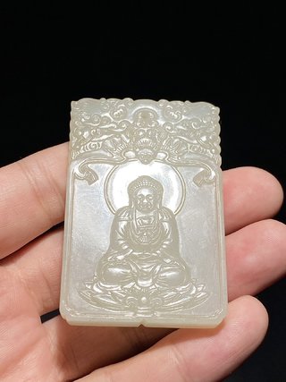 和田玉籽料|清乾隆御制 和田玉籽料 羊脂玉 阿弥陀佛 玉牌 挂件