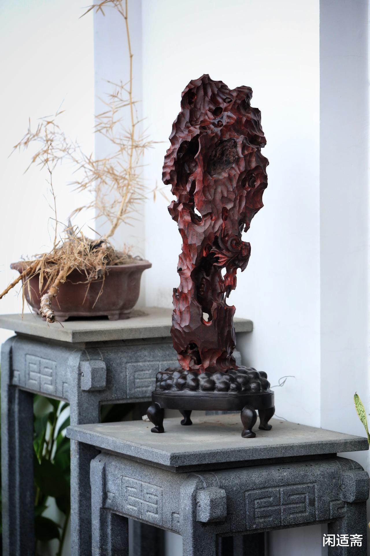 太湖石|书斋雅室，清供摆件，紫檀木太湖石山子