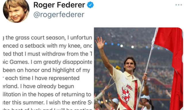 且听旭|重磅！费德勒膝伤复发退出东京奥运 正式宣告无缘冲击金满贯