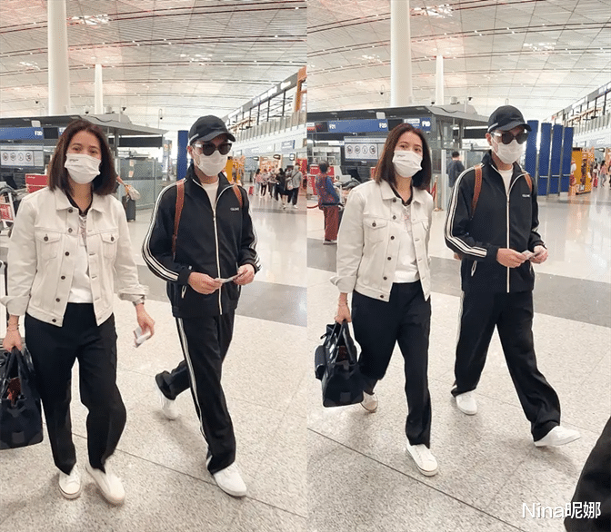 Nina昵娜|张智霖夫妇罕见走机场，他穿运动装背书包似鲜肉，靓靓姐拎20万包不小心露富