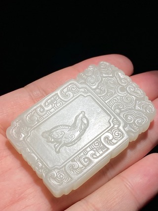 和田玉籽料|清 和田玉籽料 白玉 受天百禄 瑞兽纹 玉牌 挂件