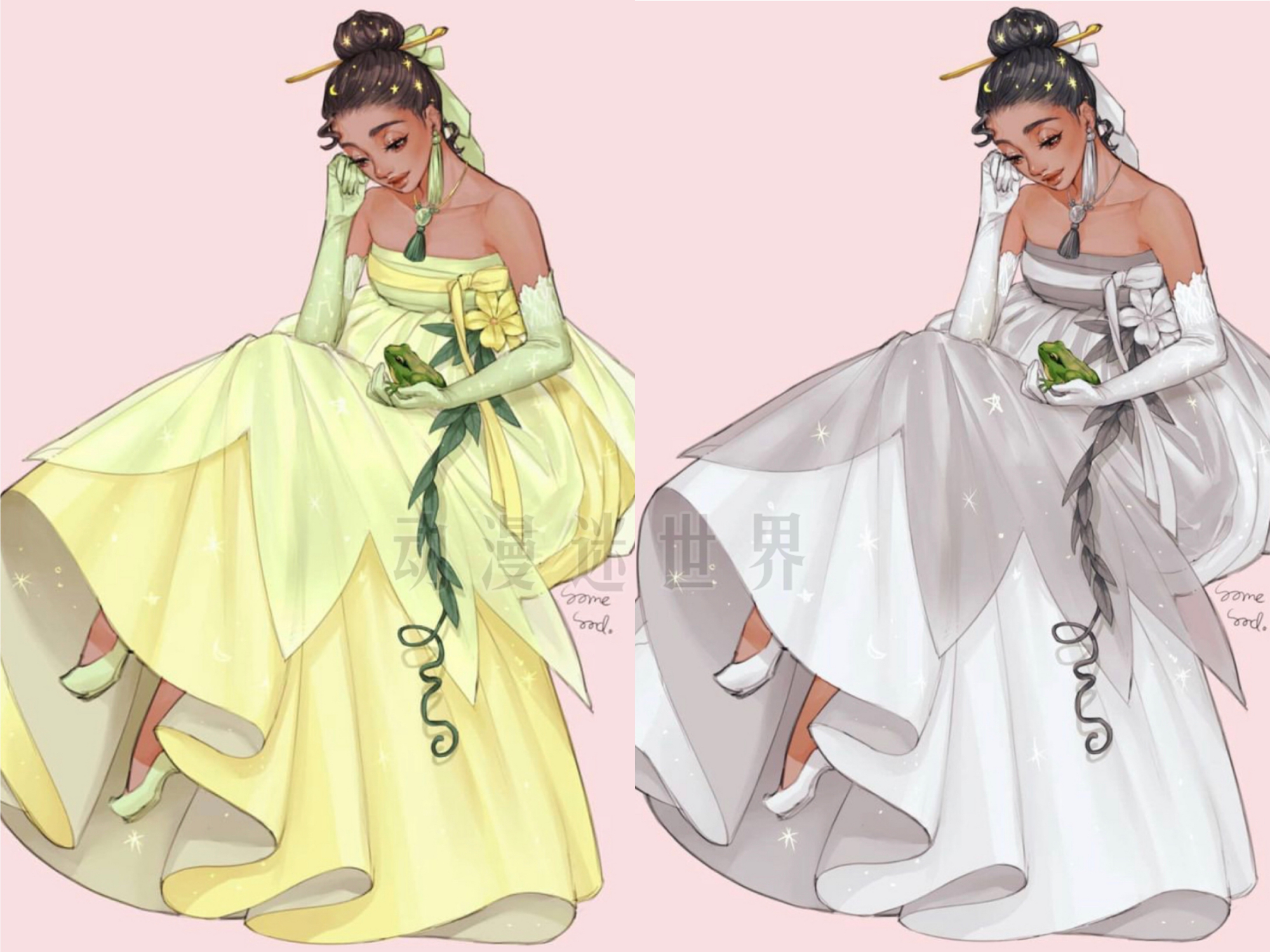 迪士尼公主|穿“韩服”的迪士尼公主，画师自创两副面孔，首见黑发的艾莎女王