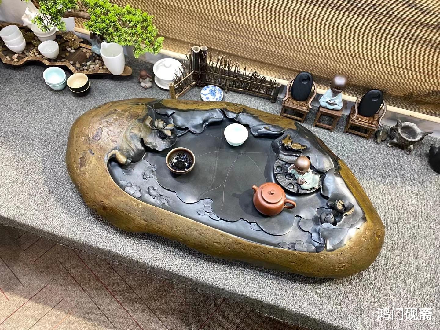 雕刻|自己动手，把石头做成排水茶盘，雕刻上荷叶、鱼、鸟是不是很美？