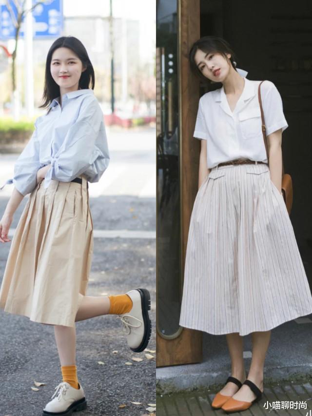 小喵聊时尚|今夏大火的“衬衫+过膝长裙”搭配,优雅洋气又高级,美得刚刚好