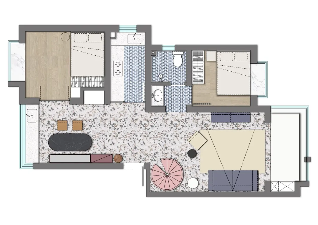 170㎡顶跃复式宅，「勃艮第红+蓝粉」分色，她家不动格局也能优雅又时髦！
