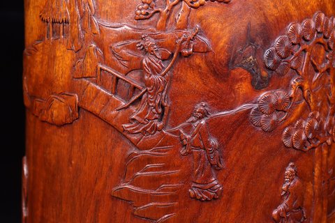 笔筒|黄花梨木雕“琴棋书画”笔筒