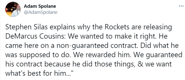 德馬庫斯·考辛斯|官宣！火箭正式裁掉考辛斯，沃爾無奈表態(tài)：那不是我能控制的