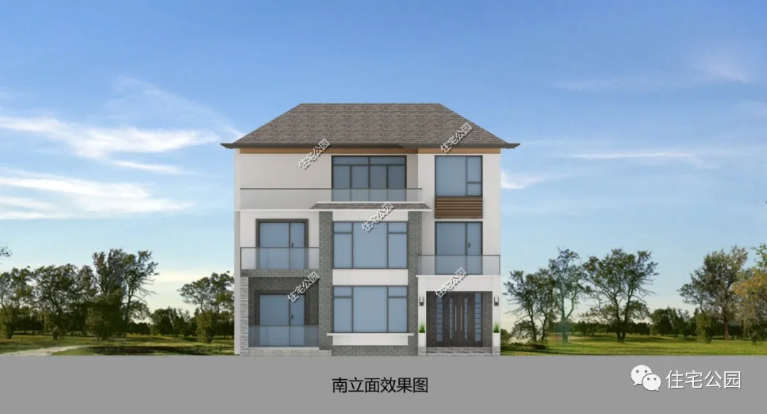 |弧形落地窗+舒适套房+露台，12×10米质感三层别墅