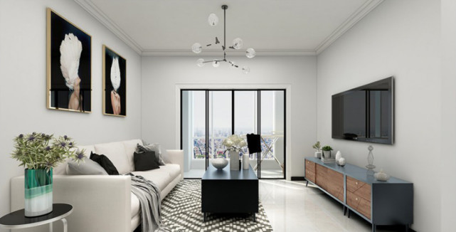 94平二居室客餐厅遥相辉映，原木色地板与电视背景墙色调一致