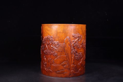 笔筒|黄花梨木雕“琴棋书画”笔筒