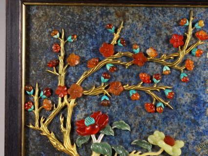 青金石|清代,青金石嵌百宝清供纹太平有象描金山水风景插屏