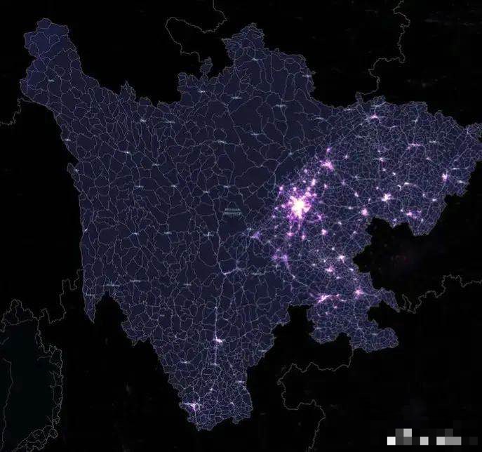 川西 四川夜景灯光图地域分布:成都最大,川东较亮,川西暗淡