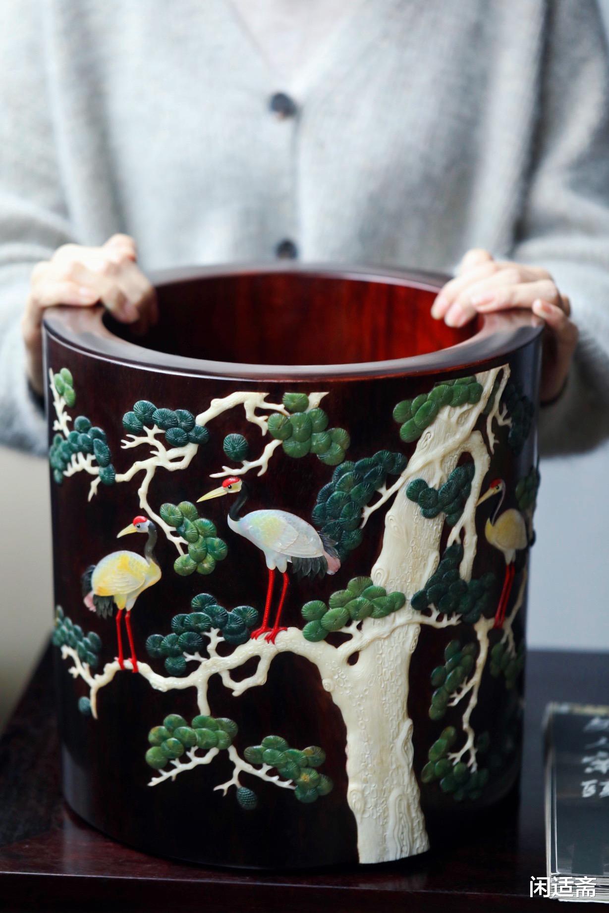 文房|文房重器，小叶紫檀百宝嵌，松鹤延年，30口径大笔海