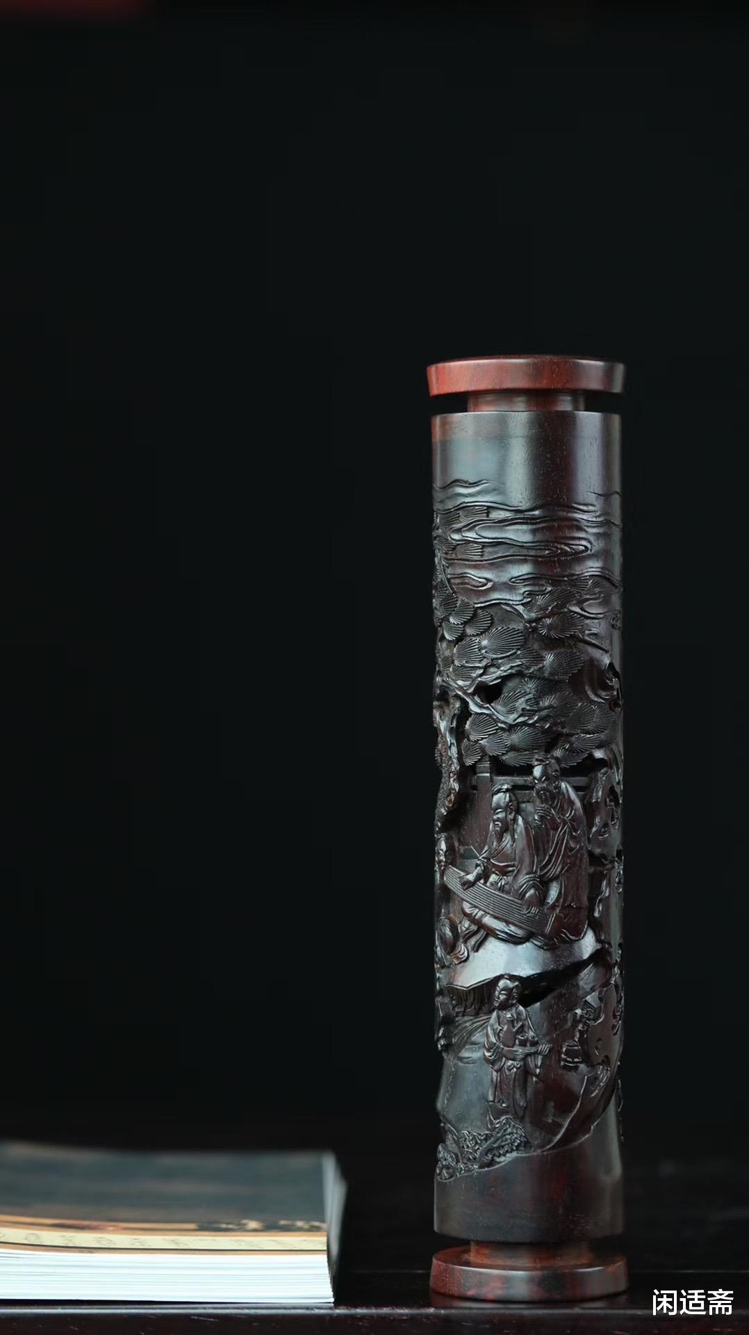 小叶紫檀|文人雅趣，小叶紫檀，高士抚琴图，案头香筒