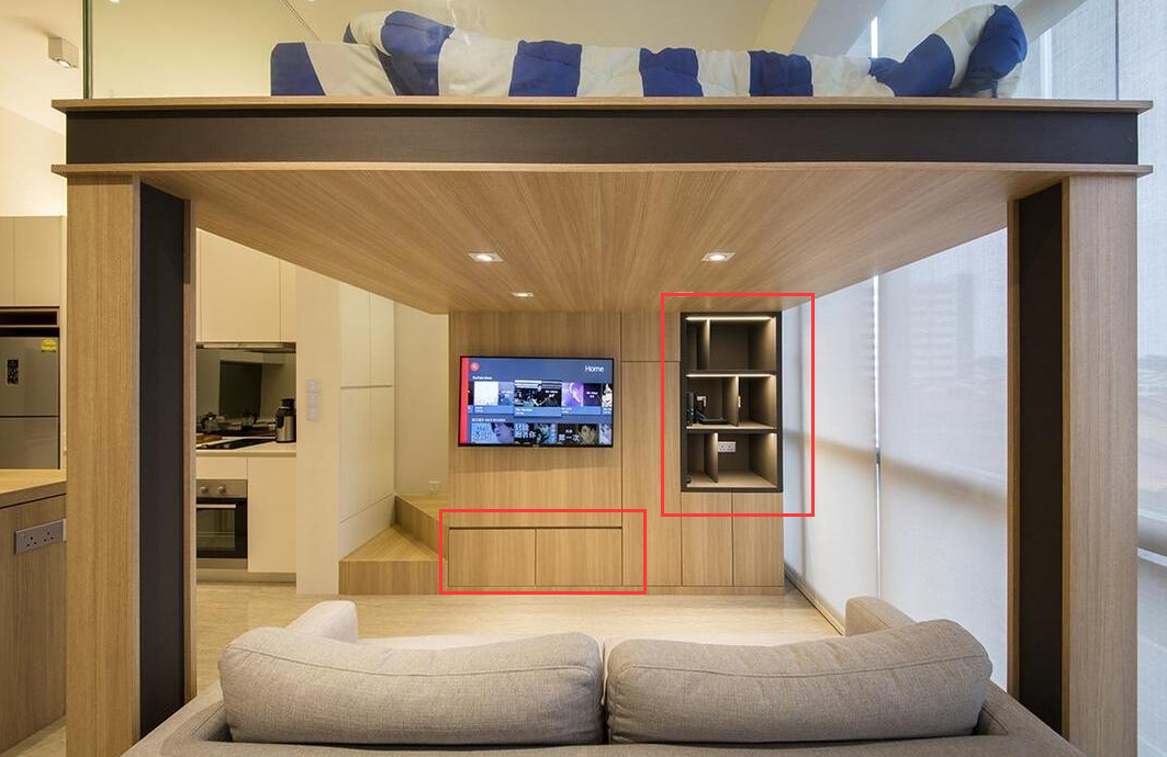 小户型的装修模板：木板电视墙向上延伸，再多做一层“有效”卧室