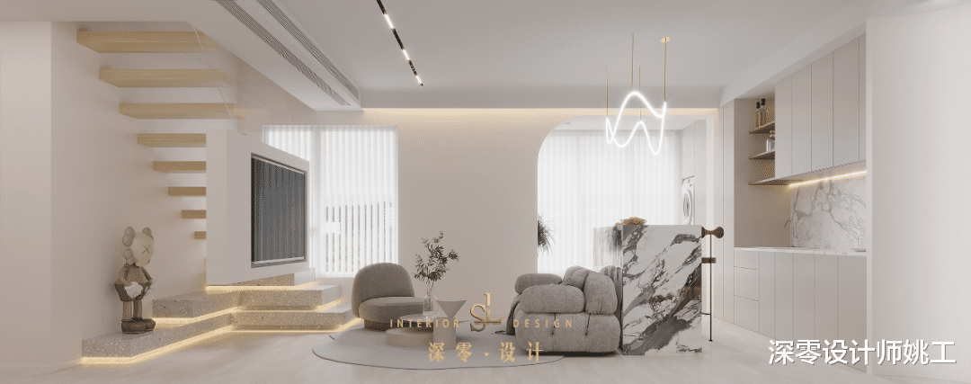 深零设计师姚工|180㎡顶复，客厅借楼梯做电视墙，沙发后设西厨+吧台，布局贼优秀