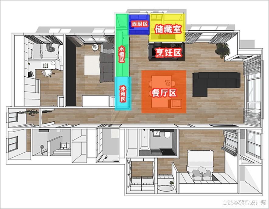 餐厨一体,还得是“T”型黄金布局,集齐6个功能区,动线距离最短