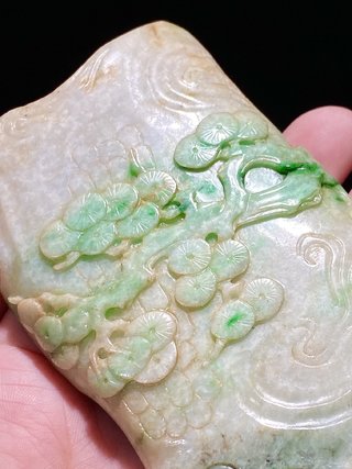 笔筒|清 天然飘绿翡翠 松桩 墨床 笔搁 文房摆件