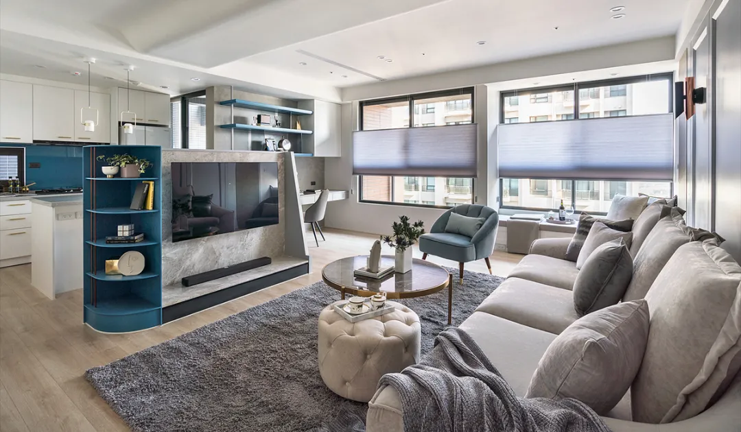 设计fan|66㎡轻奢二人世界:蓝绿色+玫瑰金,恰到好处的精致!