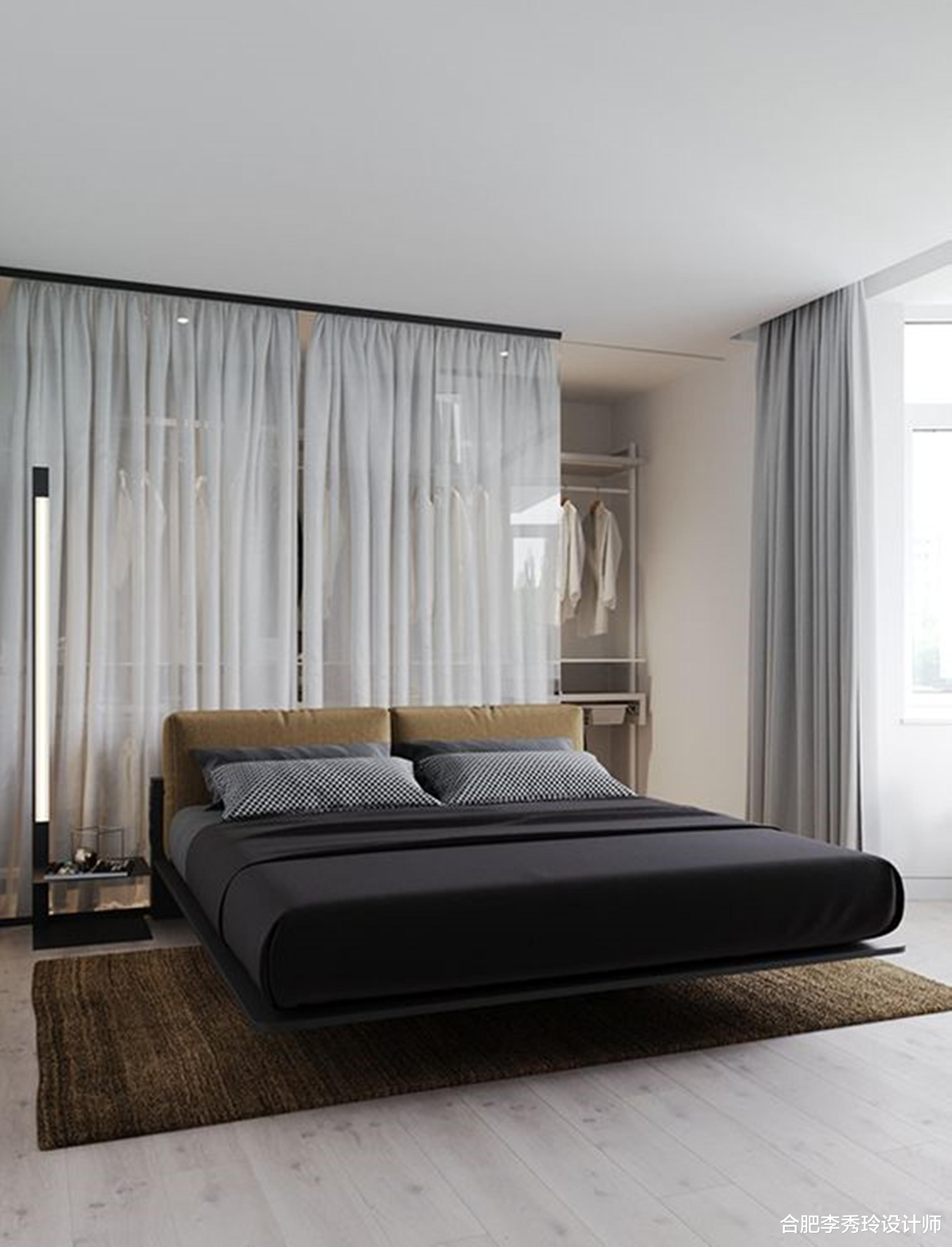 衣帽间也不用单独一间房,把床往前挪半米,挂面帘子藏在床头后面