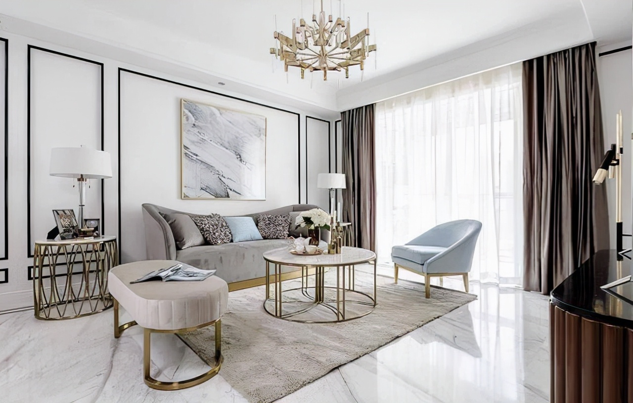 94㎡新古典风设计,米杏色、黑白几何和雾霾蓝拼接颜值爆表