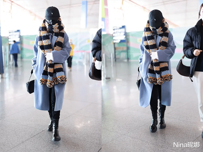 李沁|李沁用力过猛！穿大衣内长外短赶飞机，粗线围巾蟒蛇式缠绕太夸张