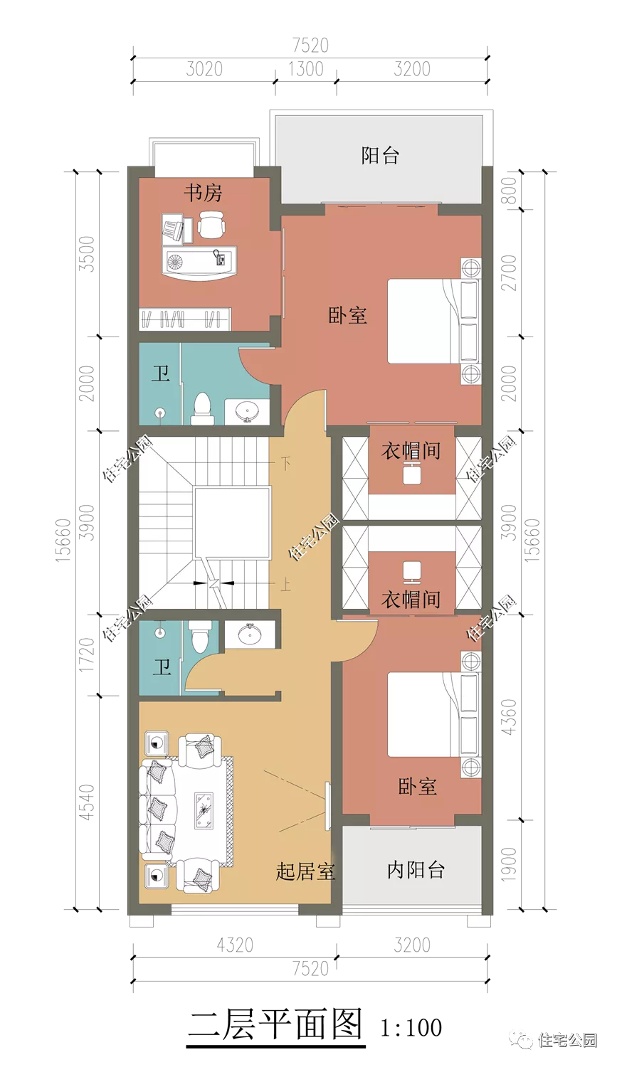 |东西无窗+舒适套房+顶层露台,7×15米小面宽四层别墅